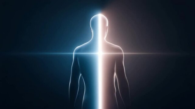 Abstract human silhouette split in two, one side glowing humble light, the other dark pride aura, symbolizing ego control.
