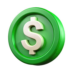 Obraz premium Dollar Currency Symbol on Green Coin 3d icon in cartoon plastic style minimal isolated on transparent white background, clipping path