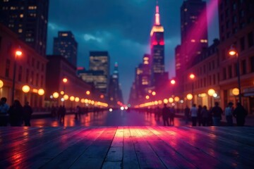 A vibrant cityscape at night, blurred lights suggesting the energy of a Broadway show, a spotlight shining on an empty stage, hinting at the magic to come ,  performance,  dream,  show