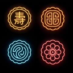 Set of Moon Cake Icon Autumn Festival Asian Oriental Pastry Snack Festive Tradition Celebration Dessert Bakery Food Neon Illustration