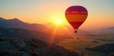 Fototapeta premium A vibrant hot air balloon floats serenely against a breathtaking sunrise, casting a long shadow on the tranquil landscape below Perfect for travel, adventure, and freedom themes , adventure, hot