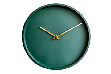 Isolated Green Wall Clock with Gold Hands; Transparent PNG, Modern Minimalist Design, Elegant Timepiece.