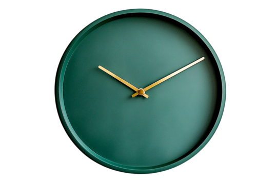 Isolated Green Wall Clock with Gold Hands; Transparent PNG, Modern Minimalist Design, Elegant Timepiece.