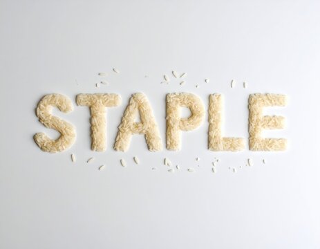 Creative Typography of the Word 'STAPLE' Made from Rice Grains on a White Background