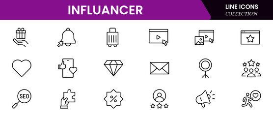 Influencer and blogging line icons collection. Big UI icon set in a flat design. Thin outline icons pack. Vector illustration