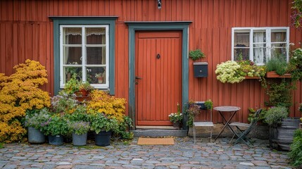 A cozy wooden house facade with plants and a small seating area