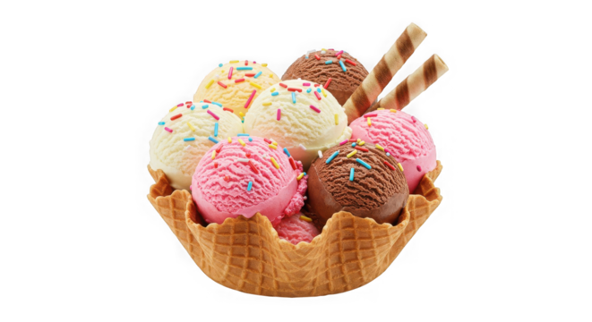 Ice cream scoops in a waffle bowl with sprinkles and wafer sticks on black back