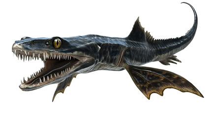Fototapeta premium A stunning illustration of a unique water creature with a distinctive reptilian head and sharp teeth swims gracefully through the depths, its form a masterful blend of marine and prehistoric elements.
