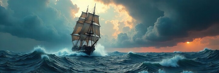 A majestic sailing ship battles a fierce storm at sea, embodying the raw, untamed power of elemental emotion , struggle, beauty, nature