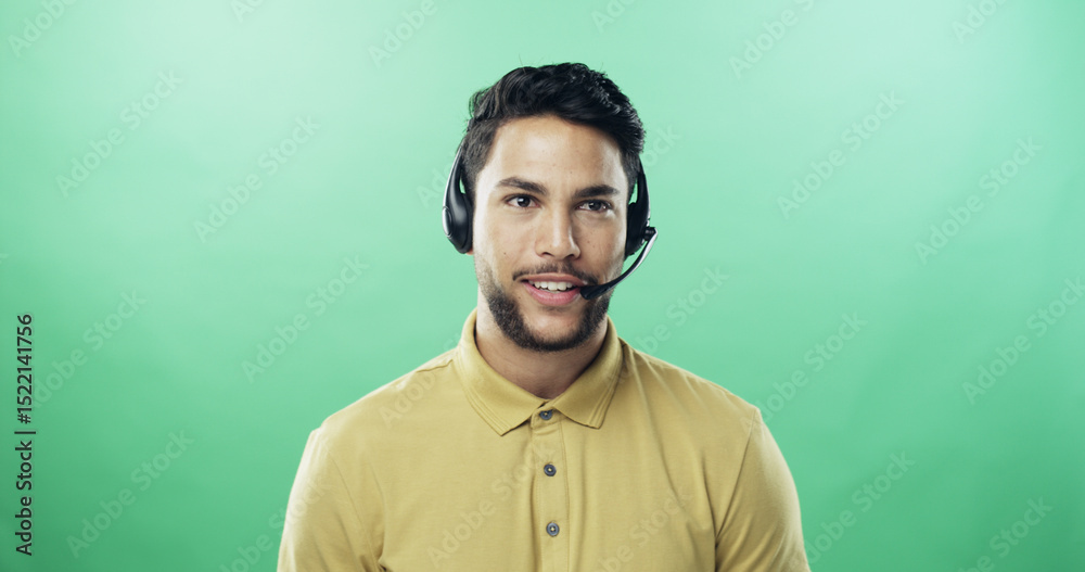 Poster man, headset and happy in studio for call center, advice and mockup space with talk by green backgro
