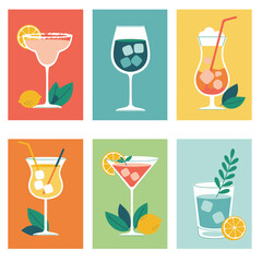 Set of various alcoholic and non-alcoholic drink illustrations with fruit, ice, and glass icons perfect for a bar or party