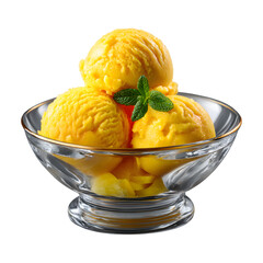 Three scoops of pineapple sorbet in bowl