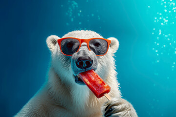 polar bear wearing sunglasses to enjoying popsicle on isolated background.