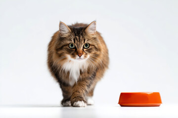 a cute cat with food bowl on isolated background.
