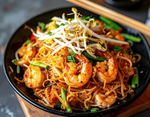 Close-Up Wok-Style Char Kuey Teow with Prawns and Bean Sprouts Plated from Top Down Perspective