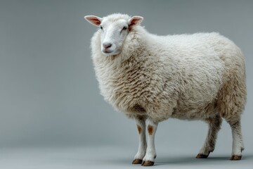 Fototapeta premium A full body shot of a large white sheep standing in a studio setting on a plain grey background with ample copy space
