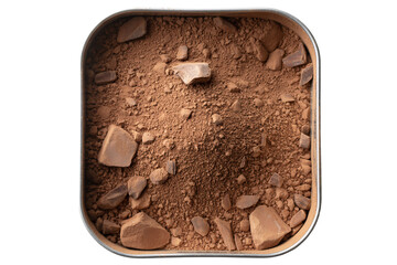 Top view of brown clay powder and rocks in metal container for pottery and ceramics material supply use