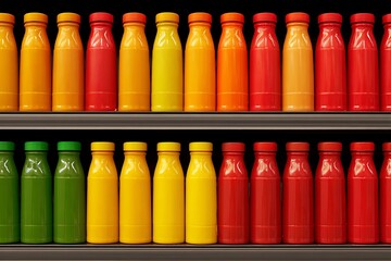 Identical condiment bottles filled with colorful sauces, neatly displayed on grocery shelf, label-free.
