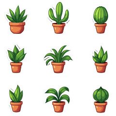 Collection of colorful illustrated potted plants on black background for decorative use