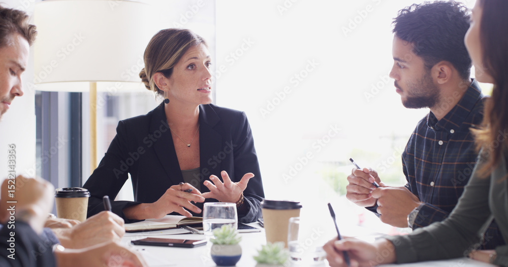 Poster feedback, meeting and teamwork with business people in boardroom of discussion or planning. developm