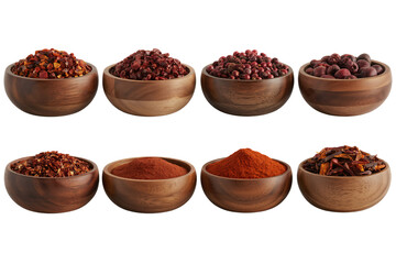 Spices and herbs collection chili powder paprika sumac berries arranged in wooden bowls food photography
