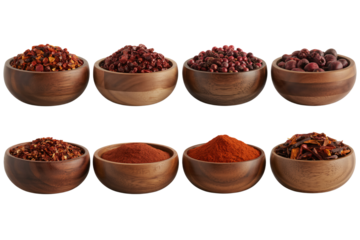 Spices and herbs collection chili powder paprika sumac berries arranged in wooden bowls food photography