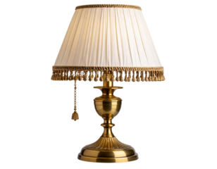 Vintage Brass Table Lamp with Fabric Shade and Pull Chain, side angle, isolated on transparent background
