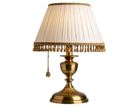 Vintage Brass Table Lamp with Fabric Shade and Pull Chain, side angle, isolated on transparent background