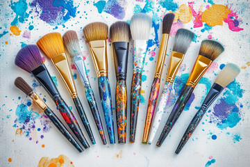 Fototapeta premium A collection of artist brushes laid out in a fan shape on a white canvas, with vibrant paint splatters in the background. Each brush handle is uniquely designed,