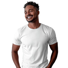 A handsome man of color wearing a plain white t-shirt, radiating confidence and a warm smile. A studio shot that emphasizes the simplicity and modern look.