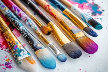 Fototapeta premium Variety of Paintbrushes in Artistic Composition with Bright Background Splatters