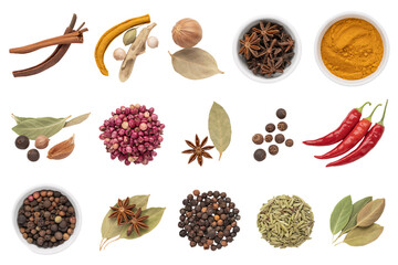 Assorted spices for cooking and baking cinnamon star anise peppercorns bay leaves and chili peppers