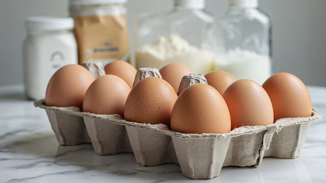 Fresh Eggs and Baking Essentials: An enticing still-life showcasing a carton of fresh, brown eggs nestled alongside essential baking ingredients, perfect for culinary creations.