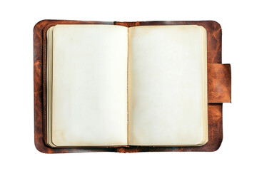 Open vintage leather journal with blank pages isolated on transparent PNG