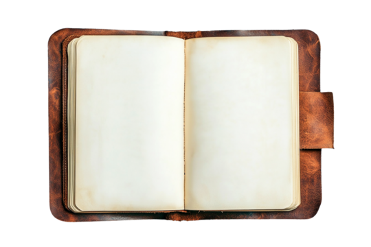 Open vintage leather journal with blank pages isolated on transparent PNG
