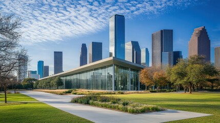 Obraz premium Modern building sits near a park with tall city skyscrapers in background