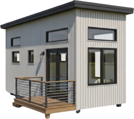 Modern Tiny House Exterior Design with Deck Large Windows and Grey Siding