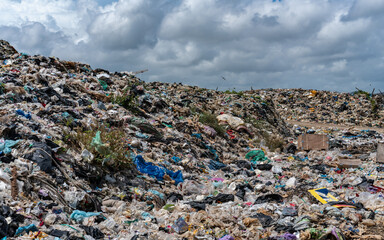 A vast, overflowing landfill under a cloudy sky, showcasing the scale of waste and environmental concerns.