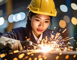 Welder Working in Darkened Environment with Sparks Flying and Bokeh Background for Contrast