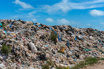 Vast landfill under a bright sky, highlighting the immense scale of waste and pollution.