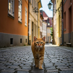 Cute orange cat walking on the street