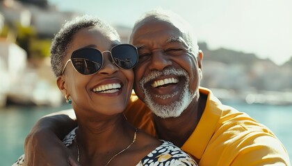 Happy senior couple embracing outdoors.
