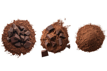 Chocolate powder and chunks top view cocoa ingredients for baking and dessert making concept isolated