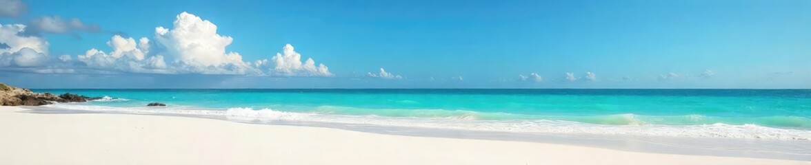 Obraz premium Serene coastal scene featuring pristine white sand, turquoise ocean waves gently lapping the shore, and a clear blue sky Perfect for travel, vacation, or summer themes , shoreline, background