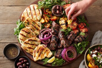 Grilled Meat and Vegetables on a Wooden Platter for Sharing