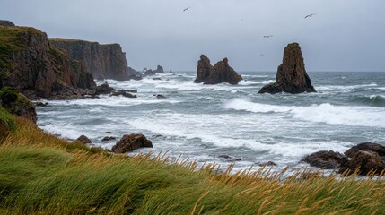 Obraz premium Dramatic Coastal Landscape with Rocky Formations and Wild Waves