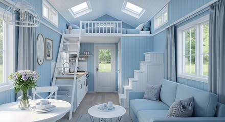 Cozy blue tiny house interior design loft bedroom