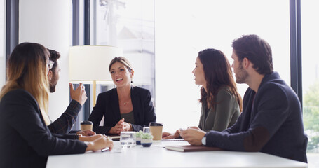 Meeting, project management and teamwork with business people in office together for planning. Collaboration, discussion and update with corporate employee group in boardroom for development workshop