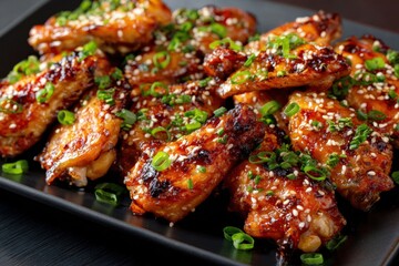 Fototapeta premium Delicious Grilled Chicken Wings with Sesame and Green Onion Garnish