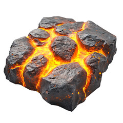 Molten rock formation glowing lava within dark volcanic rocks isolated on transparent PNG